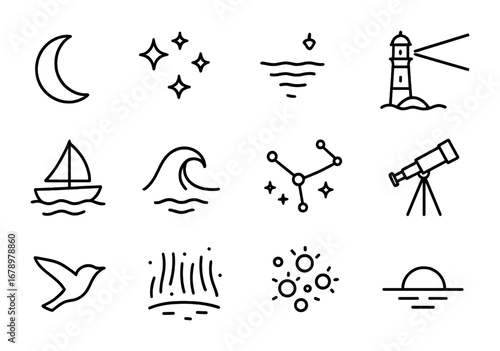 Ocean Night Icons. Outline icon set of Ocean night sky: moon, stars, reflection, lighthouse, boat, wave,