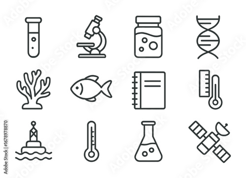 Ocean Science Icons. Outline icon set of Ocean science: test tube, microscope, sample jar, DNA strand, coral,