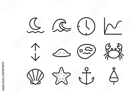 Tidal Icons Set. Outline icon set of Tides: moon, wave, clock, chart, arrows, sand, tide pool, crab, shell,