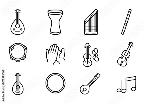 Arabic Music Instruments. Outline icon set of Arabic instruments: oud, darbuka drum, qanun, ney flute, riq
