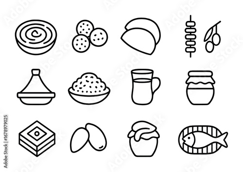 Arabic Cuisine Icons. Outline icon set of Arabic cuisine: hummus bowl, falafel, pita bread, kebab skewer,
