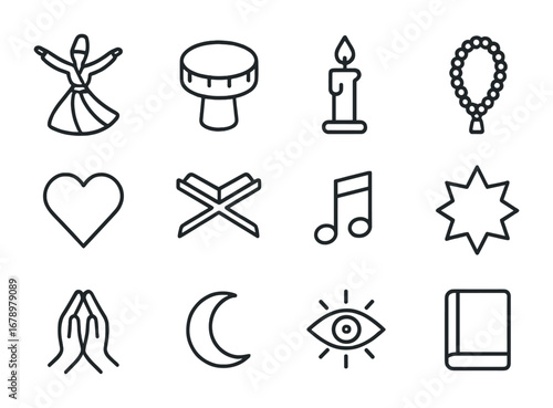 Sufi Mysticism Icon Set. Outline icon set of Sufi mysticism: whirling dervish, drum, candle, prayer beads,