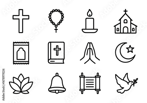 Spiritual Icon Grid. Outline icon set of Spiritual life older adults: cross, rosary, candle, church building,