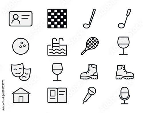 Active Retirement Icons. Outline icon set of Active retirement clubs: membership card, chessboard, golf stick,