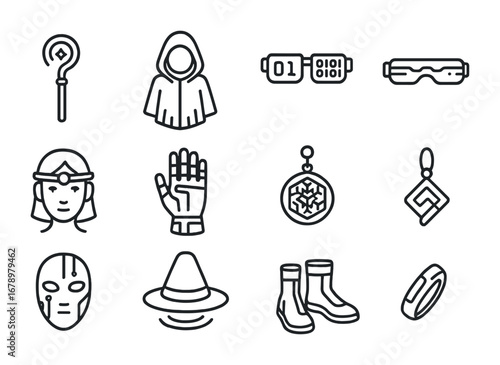 Future Alchemist Icons. Outline icon set of Future alchemist identity: neon staff, hologram robe, binary