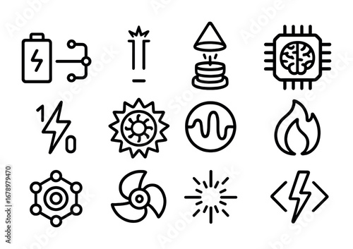 Energy Alchemy Icons. Outline icon set of Energy alchemy: circuit battery, glowing capacitor, hologram coil,