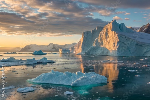Wallpaper Mural Arctic ocean view with giant icebergs split open and calm turquoise sea reflecting the sunset light. design illustration Torontodigital.ca