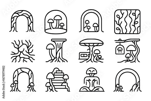 Underground Fungal Icons. Outline icon set of Underground fungal hubs: mycelium tunnel, spore chamber, fungal