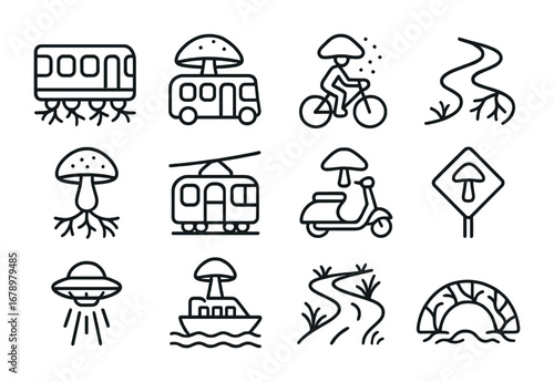 Fungal Transport Icons. Outline icon set of Mycelium transport: fungal rail car, spore bus, mushroom bike,