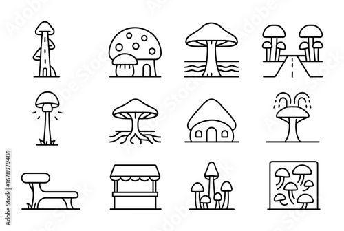 Mycelium City Icons. Outline icon set of Mycelium cities: fungal tower, spore dome, mushroom bridge, mycelium