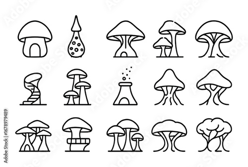 Fungal Architecture Icons. Outline icon set of Fungal architecture: mushroom-shaped house, spore tower,