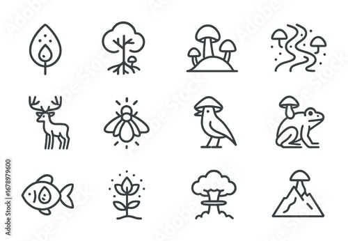 Mycelium Ecology Icons. Outline icon set of Mycelium ecology: spore leaf, fungal tree, mushroom hill,