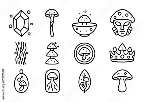Fungal Relics Icon Set. Outline icon set of Fungal relics: spore crystal, ancient mushroom staff, glowing