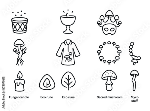 Mycelium Ritual Icons. Outline icon set of Mycelium rituals: spore drum, glowing chalice, fungal mask,
