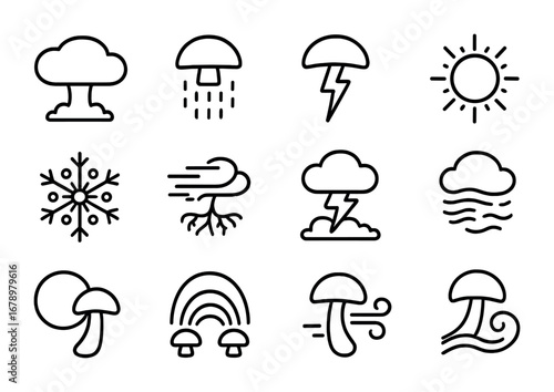 Fungal Weather Icons. Outline icon set of Spore weather systems: mushroom cloud, spore rain, fungal lightning,