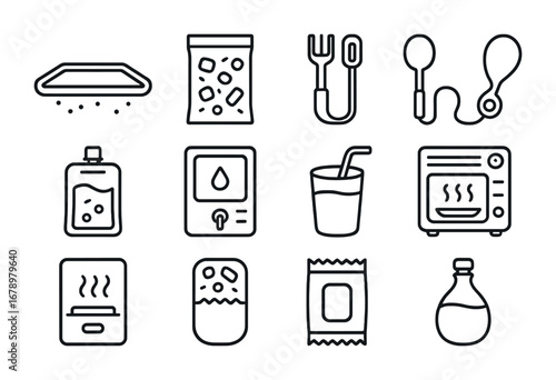 Orbital Dining Icons. Outline icon set of Orbital dining: floating tray, vacuum food pack, magnetic fork,