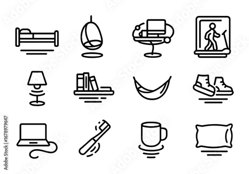 Zero Gravity Icons. Outline icon set of Zero gravity lifestyle: floating bed, suspended chair, orbiting desk,