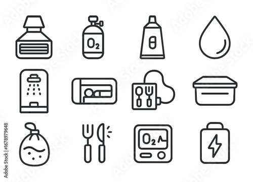 Space Essentials Icons. Outline icon set of Space living essentials: air filter pod, compact oxygen tank, food