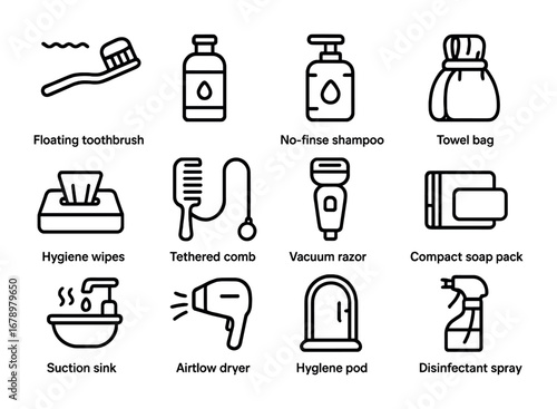 Microgravity Hygiene Icons. Outline icon set of Microgravity hygiene: floating toothbrush, sealed toothpaste,