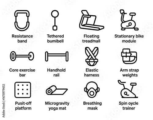 Zero-G Fitness Icons. Outline icon set of Zero-g fitness: resistance band, tethered dumbbell, floating