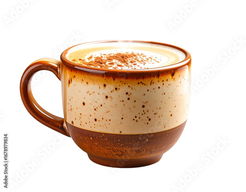 Side View of Chai Tea Latte in Rustic Ceramic Mug with Visible Steam, Transparent Background PNG