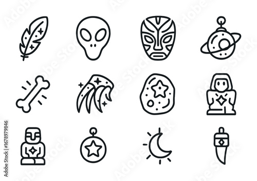 Space Totem Icons. Outline icon set of Space totems: cosmic feather, alien skull, interstellar mask, planetary