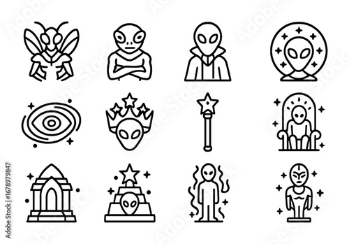 Alien Deity Icons. Outline icon set of Alien gods: insect deity, reptilian idol, hybrid priest, celestial mask