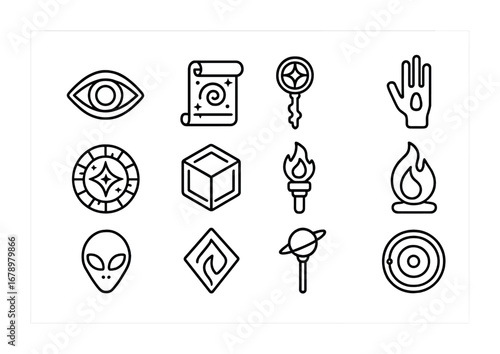 Alien Prophecy Icons. Outline icon set of Alien prophecy: glowing eye, cosmic scroll, astral key, hybrid hand,