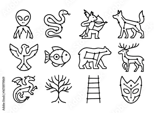 Folklore Constellation Icons. Outline icon set of Folklore constellations: alien constellation, stellar