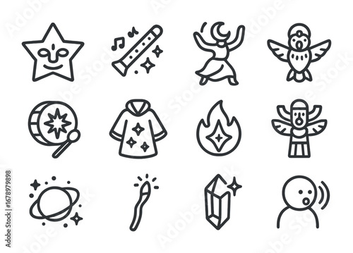 Astral Folklore Icons. Outline icon set of Astral folklore: star mask, glowing flute, celestial dancer, hybrid