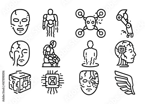 Post-Human Icon Collection. Outline icon set of Post-human data ruins: corrupted avatar mask, ghost exosuit,