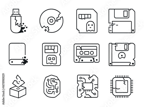 Digital Relics Icons. Outline icon set of Digital relics: broken USB stick, corrupted CD, fragmented memory