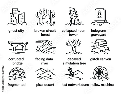 Techno-Wasteland Icons. Outline icon set of Techno-wastelands: ghost city ruins, broken circuit forest,