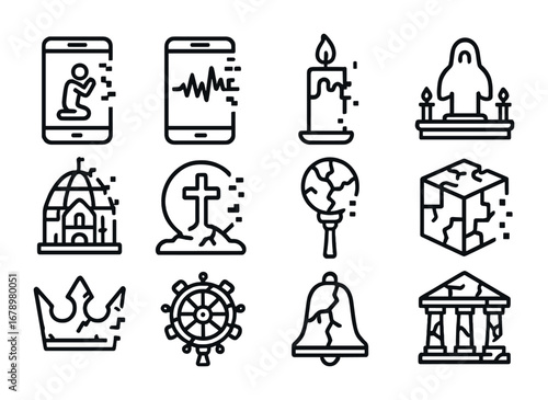 Digital Ritual Icon Set. Outline icon set of Broken digital rituals: fragmented prayer screen, corrupted