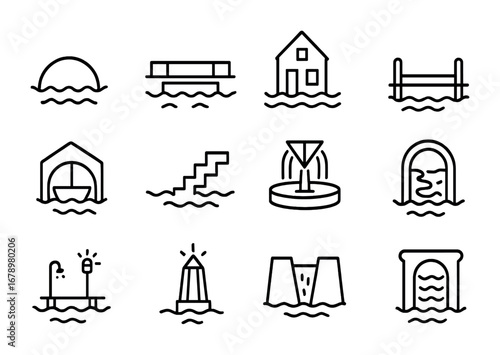 Water-Inspired Icon Set. Outline icon set of Water-based invisibility: submerged dome, floating glass bridge,