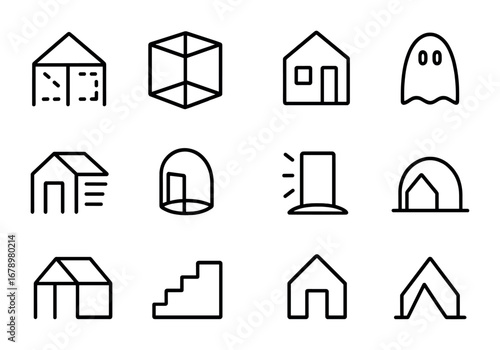 Minimal Invisible Homes. Outline icon set of Minimal invisible homes: transparent hut, hollow cube, mirrored