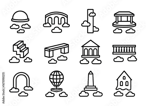 Floating Illusion Icons. Outline icon set of Floating illusions: levitating dome, sky bridge, cloud tower,