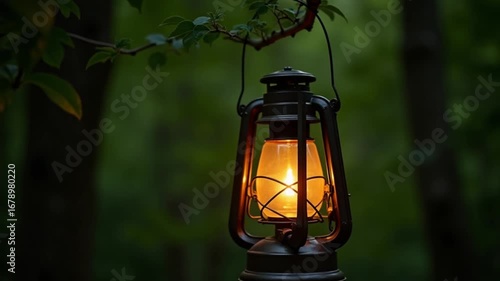 Vintage Lantern Glowing in Lush Greenery