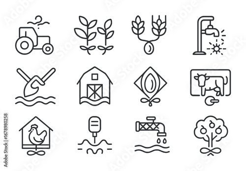 Quantum Farming Icons. Outline icon set of Quantum farming: probability tractor, superposition crops,