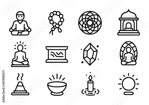 Quantum Spirituality Icons. Outline icon set of Quantum spirituality: meditation villager, entangled prayer