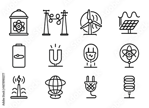 Quantum Energy Icons. Outline icon set of Quantum energy systems: quantum reactor, entangled power lines,