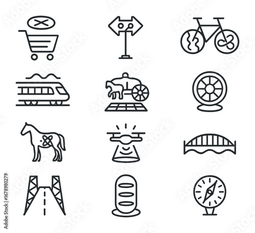 Quantum Transport Icons. Outline icon set of Quantum transport: teleportation cart, entangled road sign,
