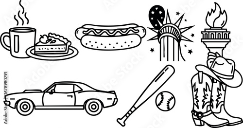 American culture icons vector set with Statue of Liberty, cowboy boots, hot dog, vintage car, coffee and pie