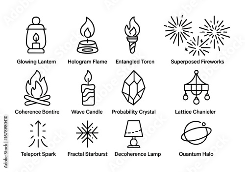 Quantum Light Festival Icons. Outline icon set of Quantum festivals of light: glowing lantern, hologram flame,