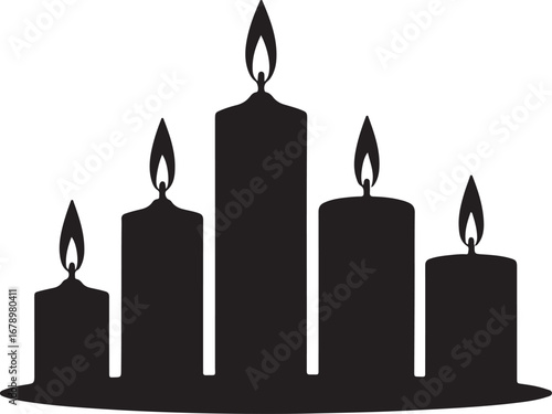 Candles with glowing flames on a black background for celebration and decoration