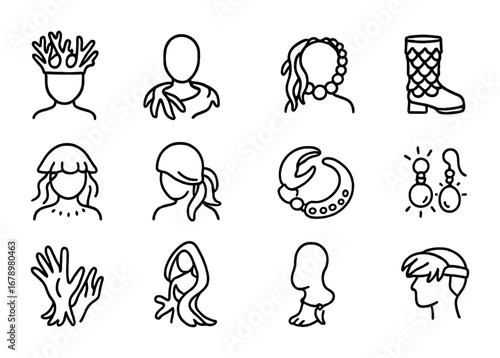 Aquatic Mutants Icons. Outline icon set of Aquatic mutants: coral crown, seaweed shawl, shell necklace,