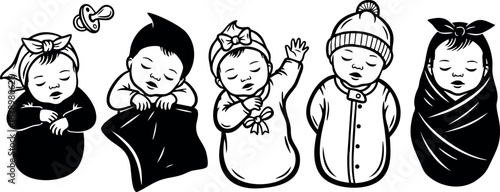 Newborn babies sleeping peacefully wrapped in blankets with pacifier and bow headbands charming vector design