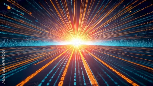 Abstract futuristic background with glowing orange and blue light beams creating dynamic speed burst perspective