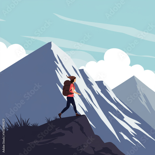 Solo traveler walking on a majestic mountain peak, admiring the vast landscape and feeling accomplished