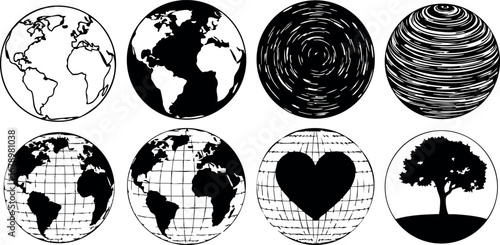 Black and white vector set of earth globes with planet, heart and tree symbols in silhouette style for environmental and nature design